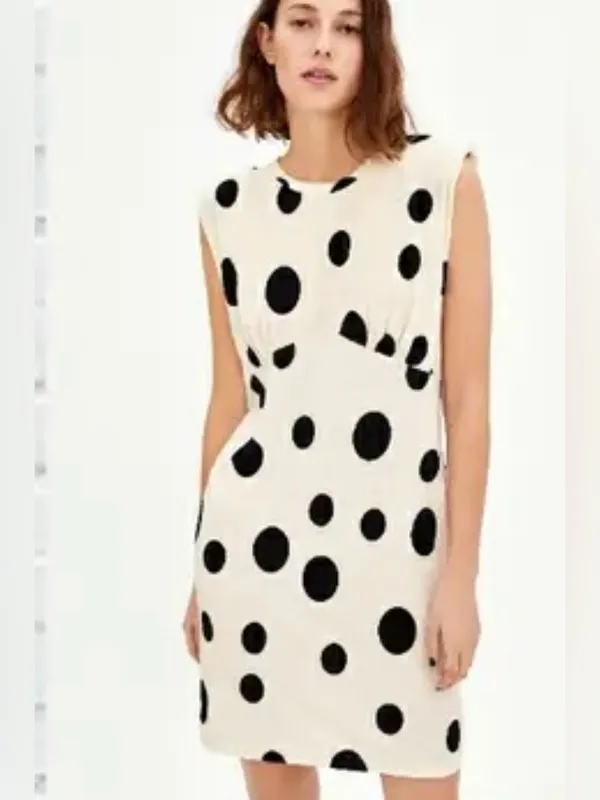 Zara Trafaluc beige sleeveless dress black polka dots and shoulder pads - Image 9