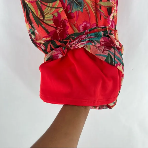 Papaya‎ Coral Green Mesh Tropical Floral Print Spaghetti Strap V-Neck Mini Dress - Image 8
