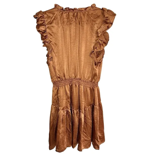 NWT Steve Madden Prairie Dreams Mini‎ Dress Apricot Satin Ruffle Smocked Small S - Image 4