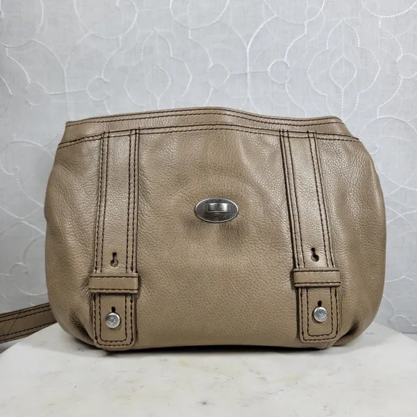 Fossil Maddox Leather Saddle Bag Taupe Tan Shoulder Turn Lock Flap Crossbody Y2K - Image 6