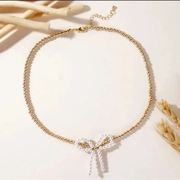 NWOT Beaded Classy Elegant Faux & Pearl Gold Bow Choker Ballet Coquette Necklace - Image 3