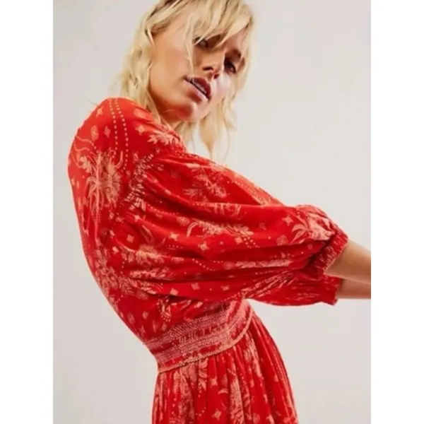Free People Golden Hour Maxi Dress Cherry Red Large Bohemian Spring Floral 70s - Image 9