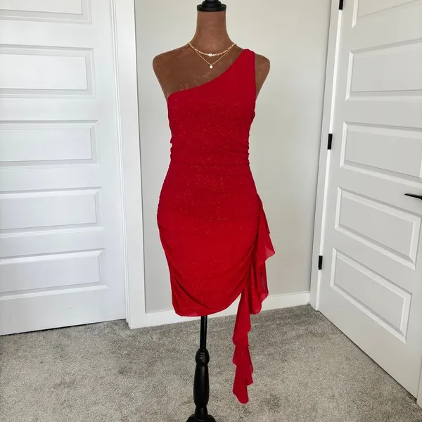 Privy Red One Shoulder Dress M Y2K Romantic Shimmer Homecoming Sorority Rush‎ - Image 2