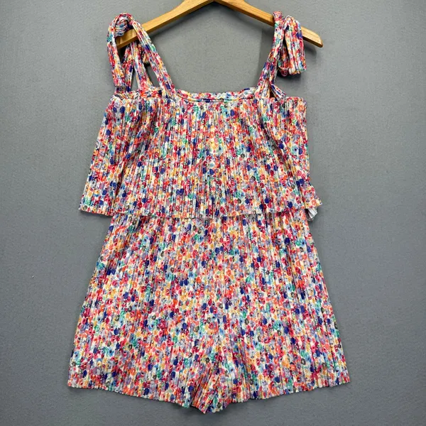 Amanda Uprichard Floral Pleated Romper Tie Shoulder Square Neck Multicolor M - Image 9