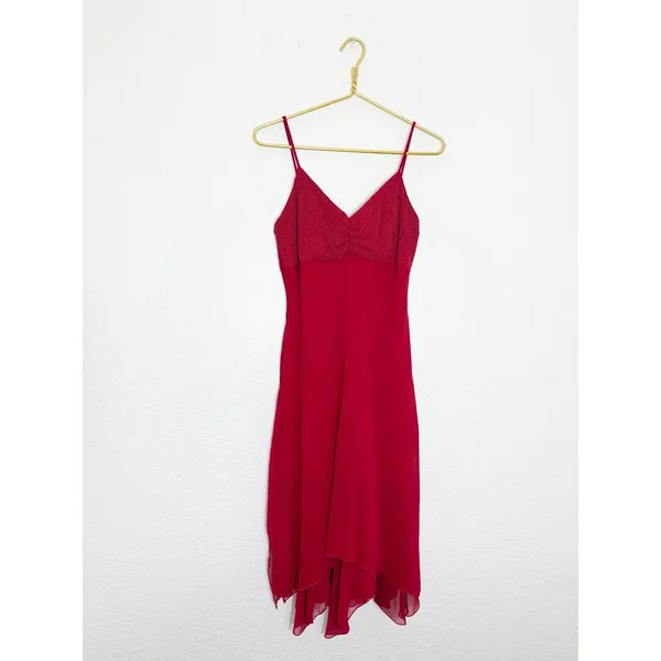 Vintage Y2K Red Beaded Asymmetrical Hem Midi Dress Medium Fairy Whimsigoth 90s - Image 3