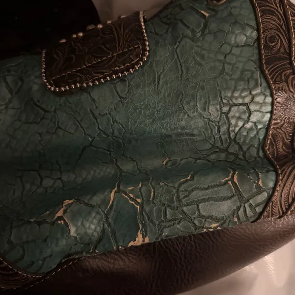 Y2K 2000s Western Mcbling Bimbo Goth Leather Rhinestone Large Buckle Hand Shoulder Bag Purse Preppy bedazzled silver stud blue turquoise brown #cowgirl #whimsygoth #grunge #punk #stagecoach festival Measurement in pics Some distressing see pics - Image 9