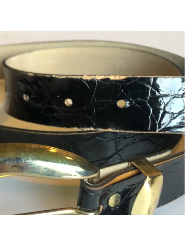 Classic Black Leather Belt with Gold Tone Buckle - Image 8