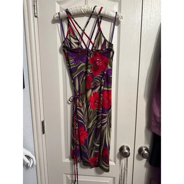 Vintage Express‎ Tropical Floral Wrap Mini Dress Y2K Resort Summer Hibiscus 5/6 - Image 4