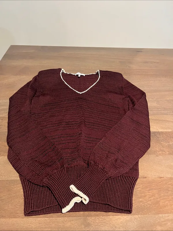 Reiss Brown V-Neck Sweater with White Trim Sz S - Image 3