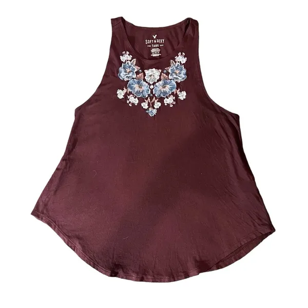 American‎ Eagle Outfitters Tank Top Womens Medium Burgundy Floral Embroidered - Image 2