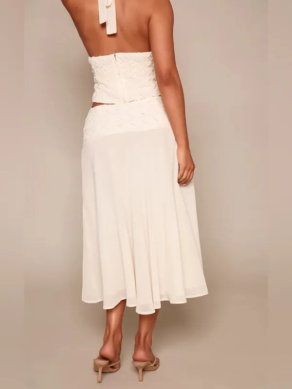 PrettyLittleThing PETITE CREAM WOVEN WAISTBAND SHEER MAXI SKIRT & TOP SET SZ 8P - Image 3
