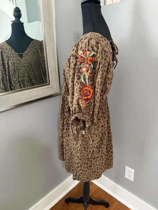 Cato Cheetah Print Floral Embroidered Puff Sleeve Ruffle Trim Boho Sedona Dress Large. - Image 3