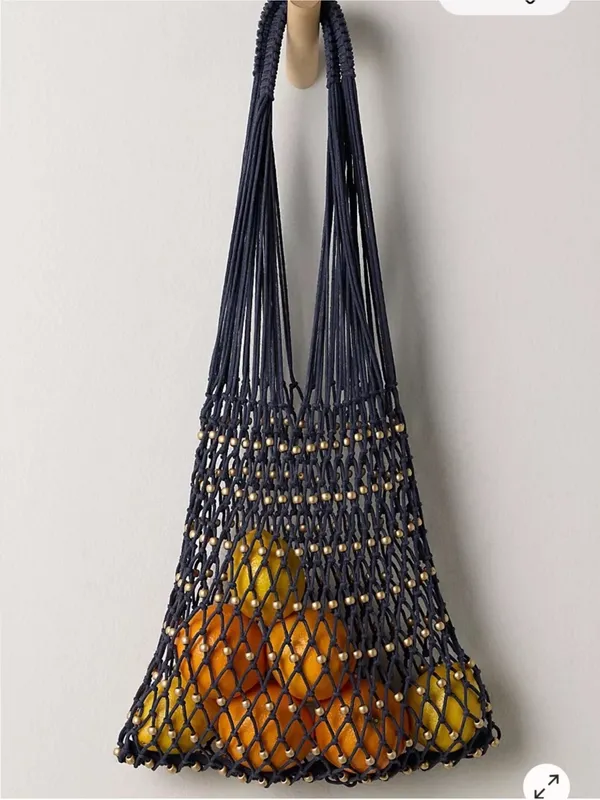 NWT Free People Navy Macramé Tote with Gold Bead Accents - Image 2