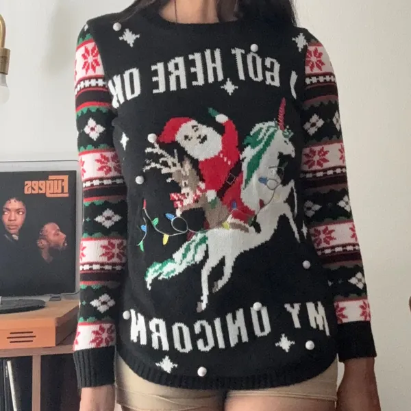 No Boundaries Black Santa Riding Unicorn Ugly Christmas Sweater Pom Poms Medium - Image 2