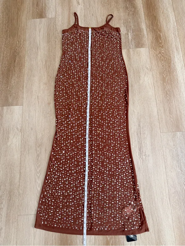 NWT SHEIN Brown Rhinestone Embellished Spaghetti Strap Net Midi Dress Size Large - Image 8