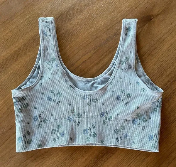 AERIE Superchill Scoop Seamless Bralette Bra Unpadded Light Blue Floral, Size M - Image 2