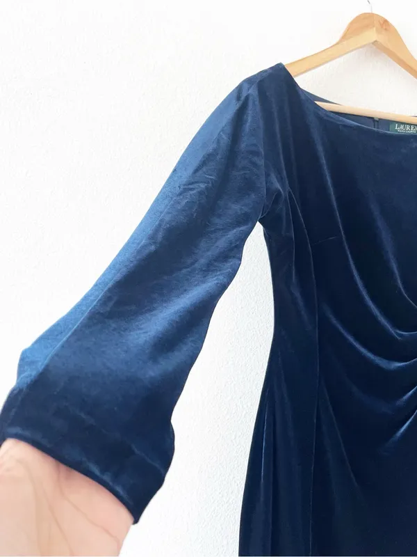 Lauren Ralph Lauren Navy Blue Velvet Ruched Cocktail Dress - Image 4