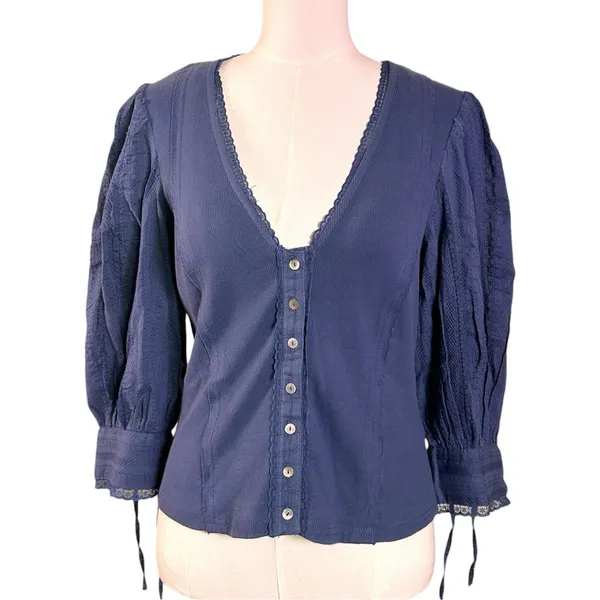Free People Dainty Ethereal Cottage Victorian Lace Blouse Dusty Blue Large NWT - Image 5