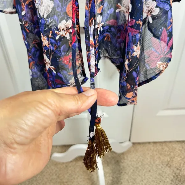 Coachella Festival Sheer Floral Kimono Boho Bell Sleeve Navy M Tassel Resort - Image 4