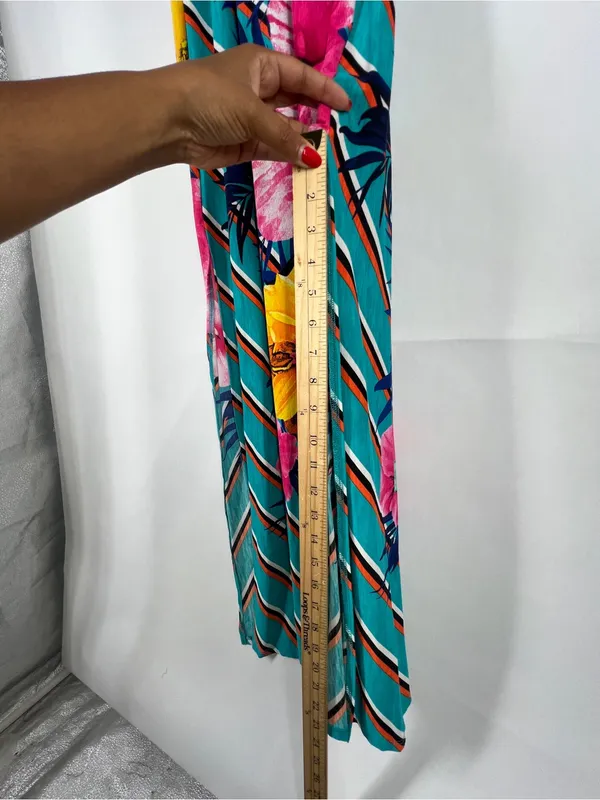 Tropical Floral Striped Crisscross Back Maxi Dress Medium‎ Side Slit - Image 14