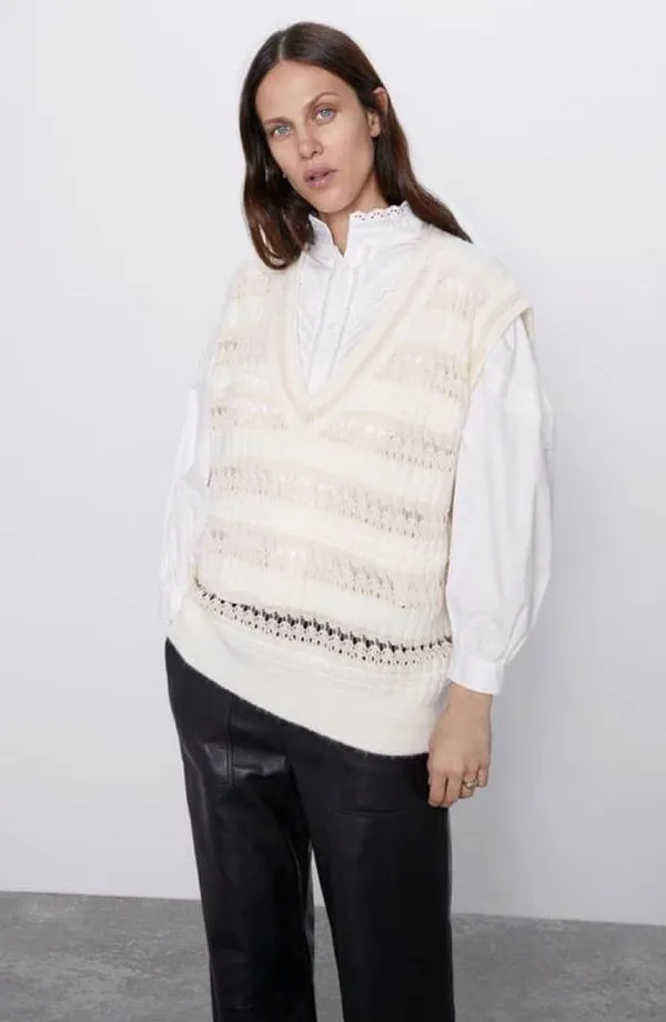 NWT ZARA COMBINATION POINTELLE VEST Sweater Top Super Oversize M Ivory - Image 3