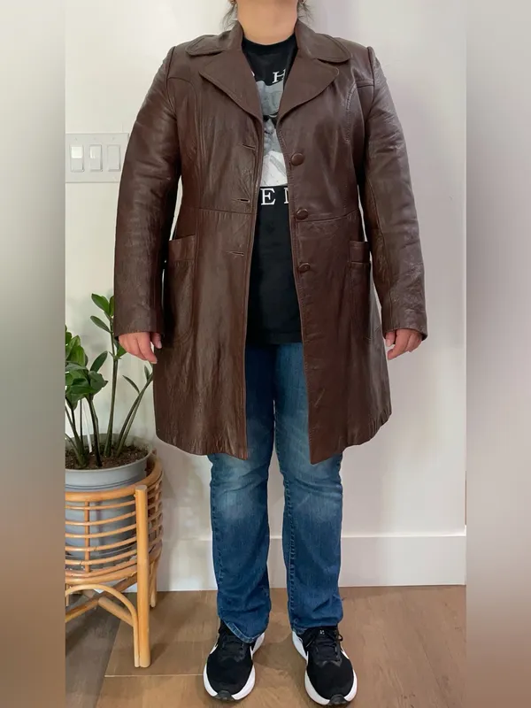 Great Things Vintage Chocolate Brown Genuine Leather Long Coat Jacket Size Large - Image 14