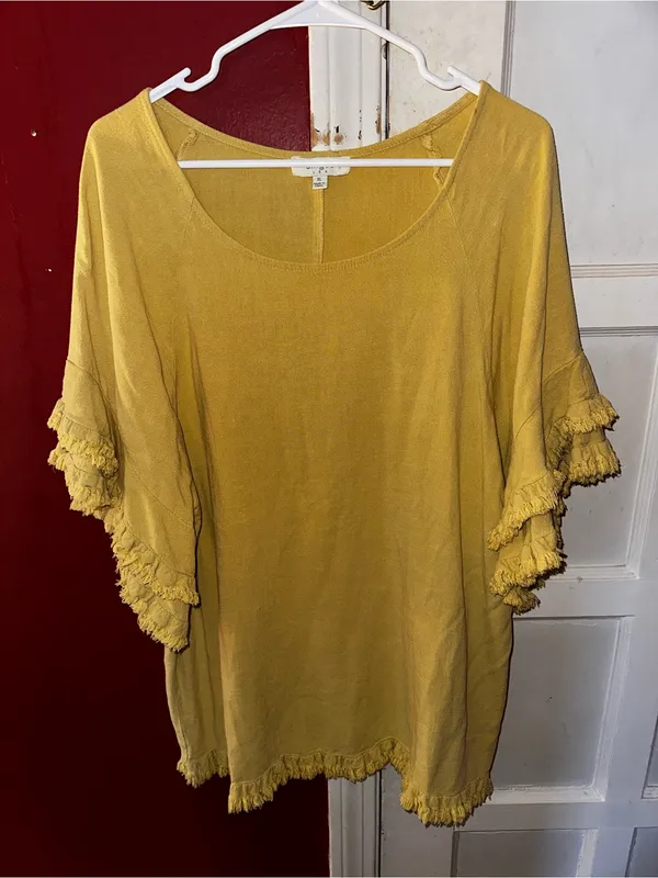 UMGEE Mustard Yellow Linen Cotton Fringe Ruffle Sleeve Boho Blouse Top XL - Image 4