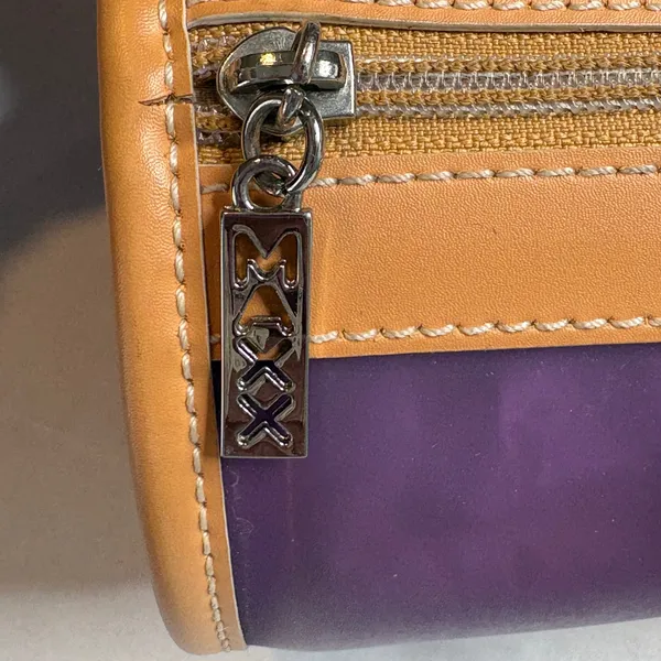 MAXX NEW YORK‎ Barrel Handbag Purple Clear Vinyl Tan Leather Top Handle Bag - Image 6