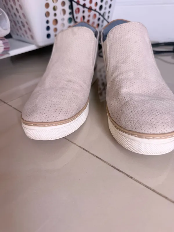 Dr. Scholl's "If Only" wedge slip-on sneakers in a light gray perforated suede material. - Image 3
