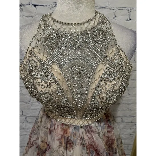 Camille La Vie beaded bodice multi layer tulle floral Halter Neck gown Size 4 - Image 3