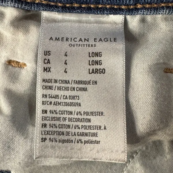 American Eagle SZ 4 LONG Mom Jeans Hi-Rise Distressed Rip Zip-Fly Whiskered Blue - Image 10