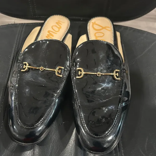 Sam Edelman Black Patent Mules with Gold Detail - Image 2