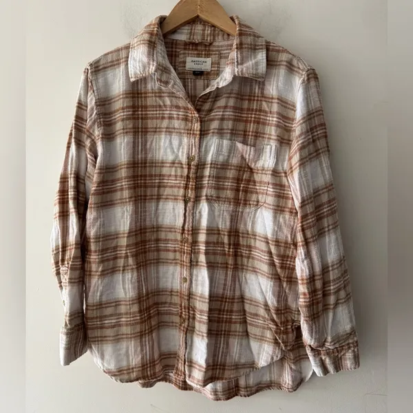 American Eagle Brown Tan Plaid Oversized‎ Button Down Top - Image 2