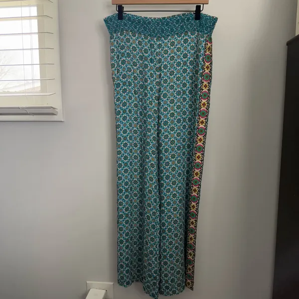 Alice + Olivia Small Russell Pants‎ High Waist Geo Teal Blue Wide Leg Boho Gypsy - Image 4