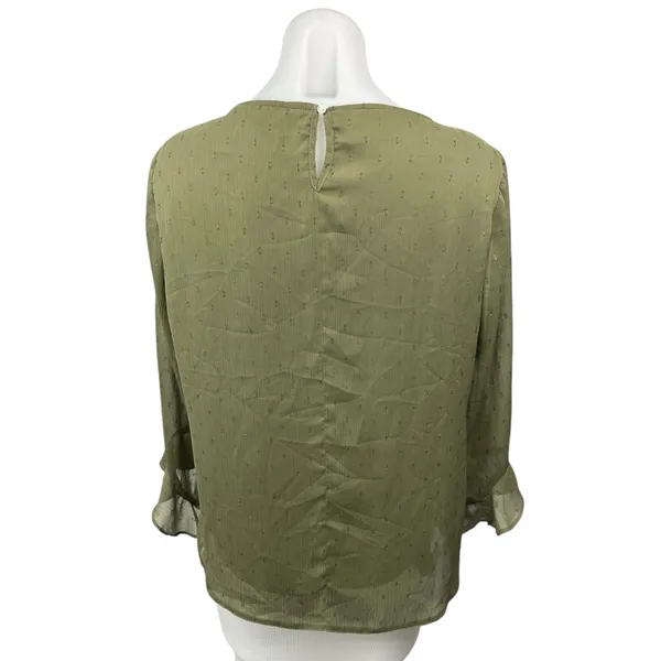 Dorothy Perkins Women's Olive Green Metallic Chiffon Ruffle Blouse Top Size 12 - Image 2