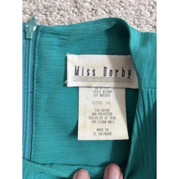 VTG 90s Miss Dorby Teal Dress 16 Career Midi Crinkle Rayon Faux Vest Cottagecore - Image 3