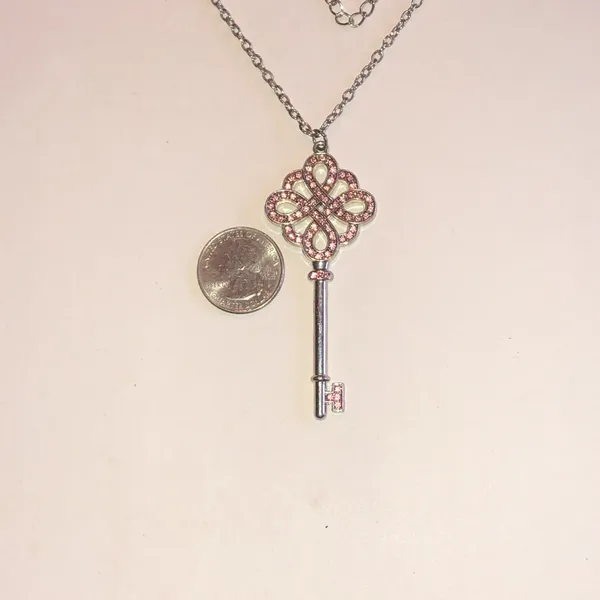 Silver Tone Key Pendant Necklace with Pink Accents - Image 4