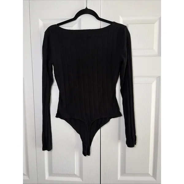 Free People Intimately Square Neck Bodysuit Womens Size M Black Ribbed Knit Long - Image 3