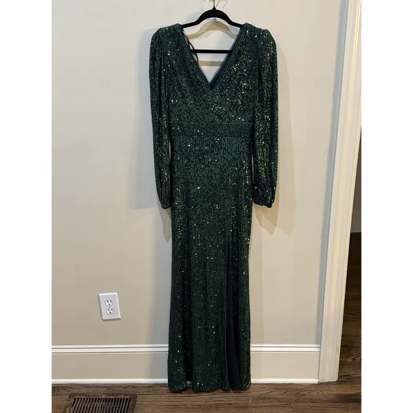 Xscape Long Sleeve Long V-Neck All Over Sequin‎ Gown Green Size 6 Formal - Image 3