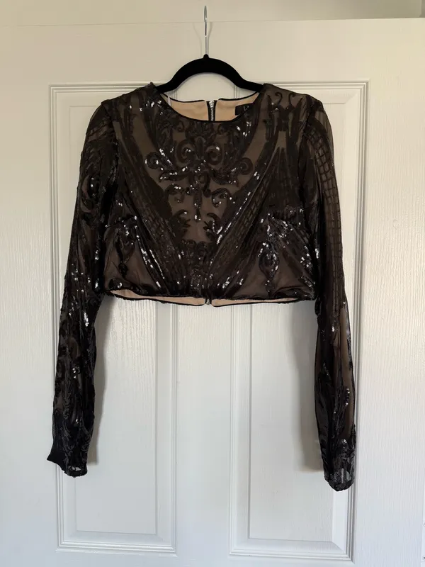 Lulus Black Sequin Two Piece Maxi Set Long Sleeve Crop Top & Slit Skirt - Image 4