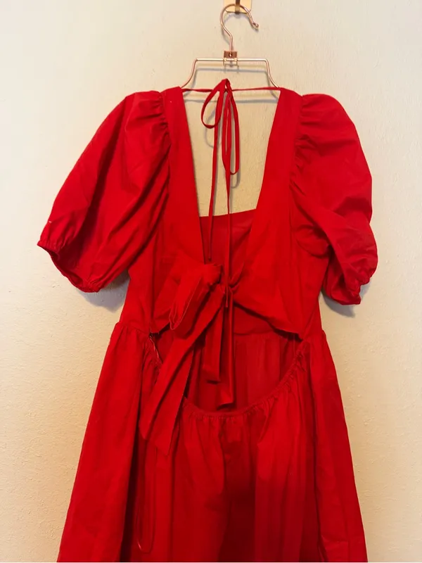 WAYF Red Open Back Bow Puff Sleeve Mini Dress Size‎ Large NWT - Image 5