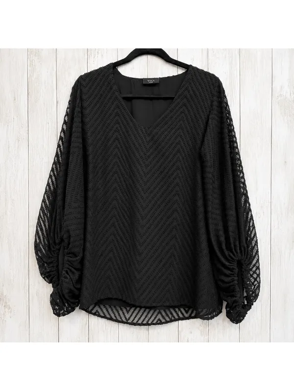 VICI Women’s Large Black Chevron Sheer Balloon Sleeve Blouse USA - Image 2