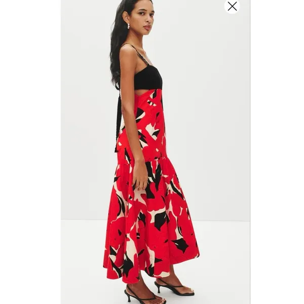 AMUR Black Red Slena Tie Back Floral Print Side Cut-Outs Square Neck Dress sz 8 - Image 14