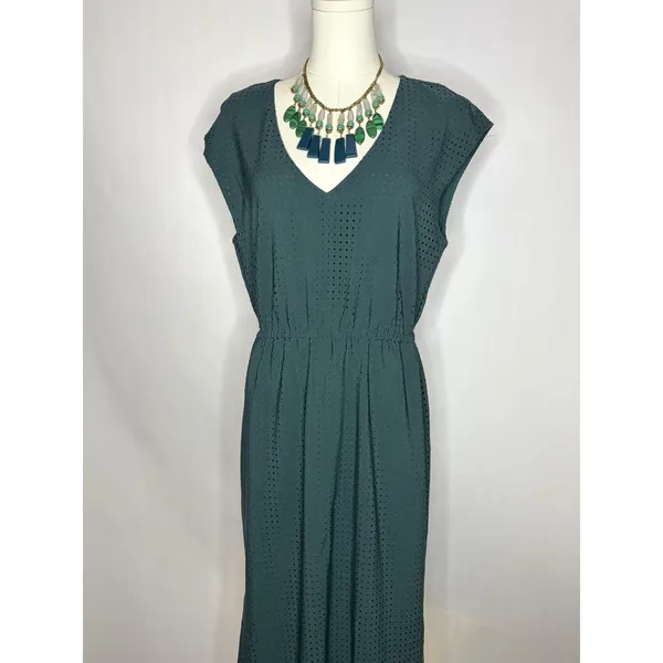 J.Crew‎ Teal Textured Perforated Midi Dress Elastic Waist Size 10 - Image 2