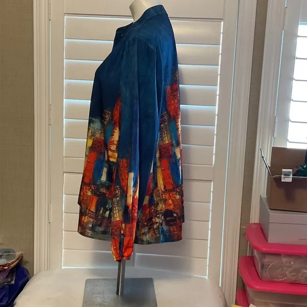 Women's Abstract Button Down Shirt - Blue and Orange - Image 4