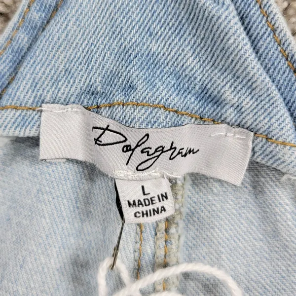 Polagram Overall Button Up Denim Jumpsuit Womens L Blue Light Wash Ruffle Straps - Image 2