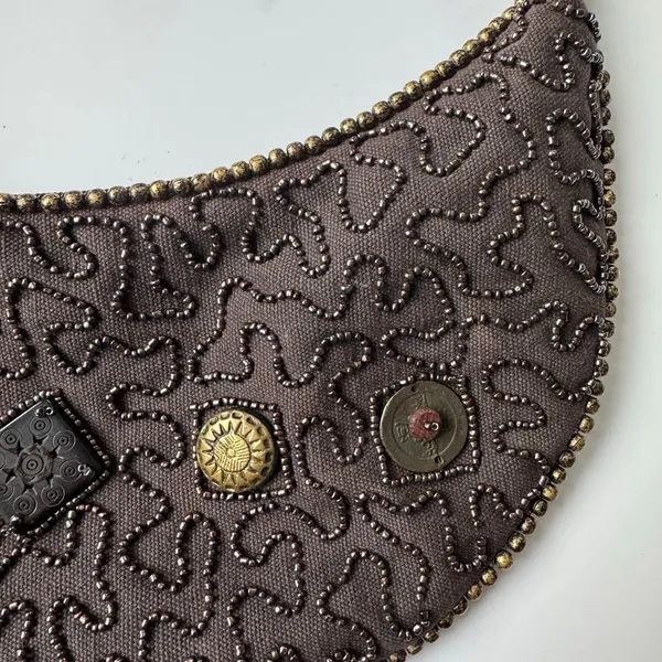 Beaded Made In India Brown Crescent Mini Shoulder Bag Party Purse Zipper Y2K - Image 3