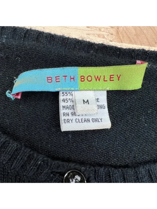 Beth Bowley Preppy Glam Rhinestone Black Silk Cashmere Cardigan Size Medium - Image 8