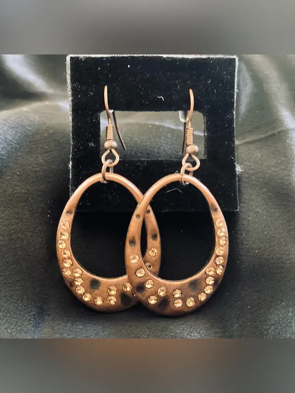 Copper-Tone Oval Drop Earrings w/ Amber Crystal Accents - Image 3