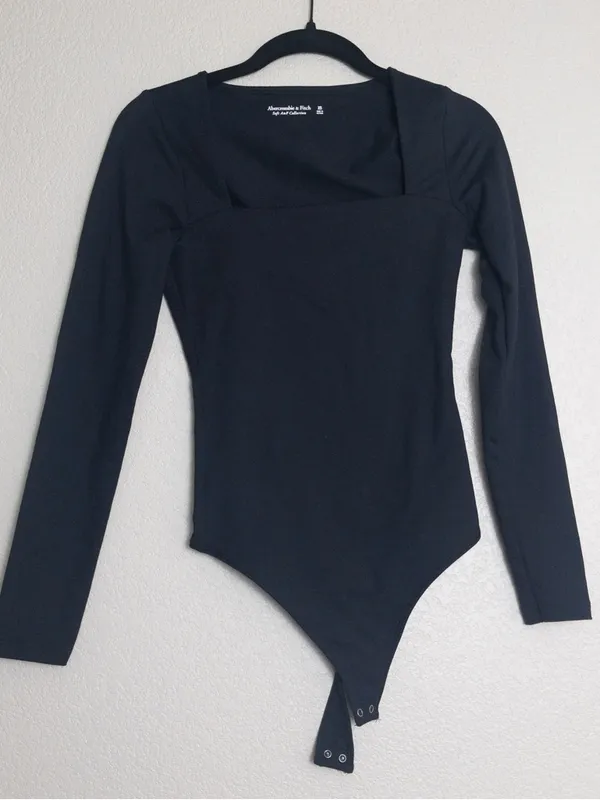 Abercrombie & Fitch Soft AF Long Sleeve Bodysuit XS Black Square Neck Thong - Image 3